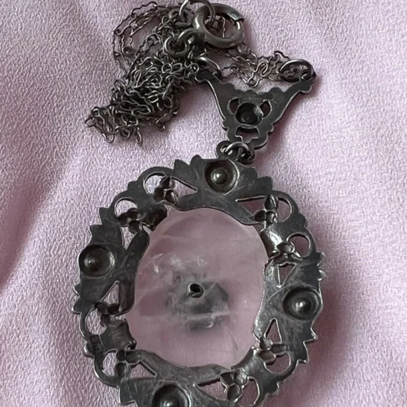 ANTIQUE ROSE QUARTZ MARCASITE STERLING SILVER NECKLACE PENDANT W/CHAIN GERMANY